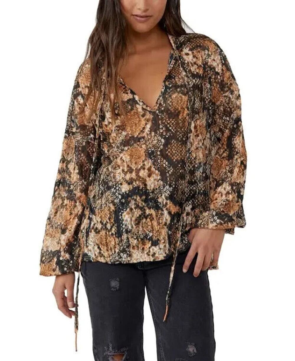Free People Blouse Top XS Multicolor Snake Pattern Long Sleeve V-Neck Casual B55